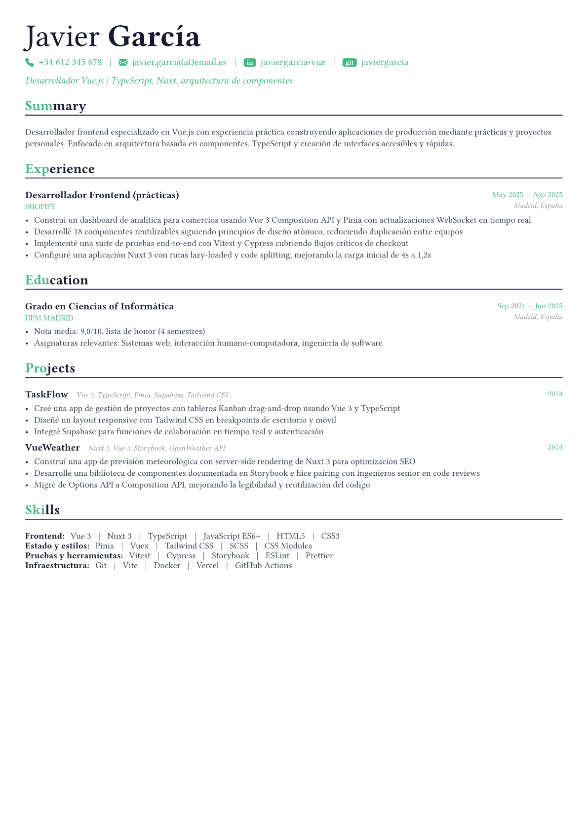 Vue Developer ejemplo de CV
