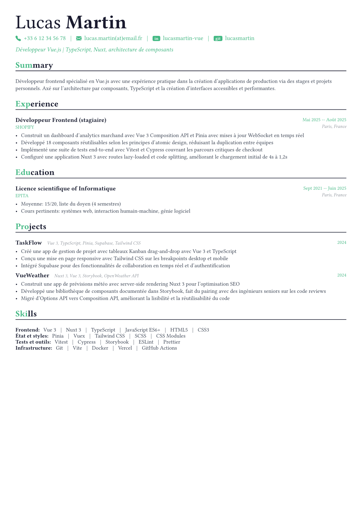 Vue Developer exemple de CV