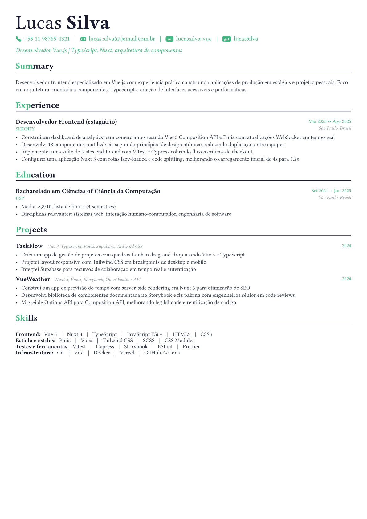 Vue Developer exemplo de currículo