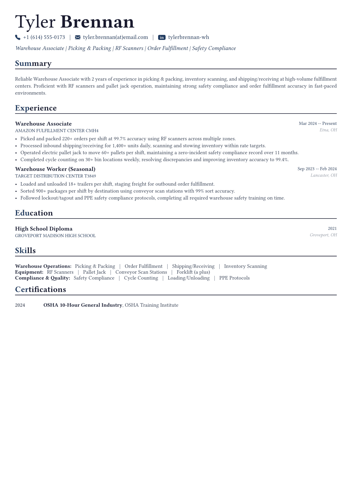 Warehouse Associate resume example