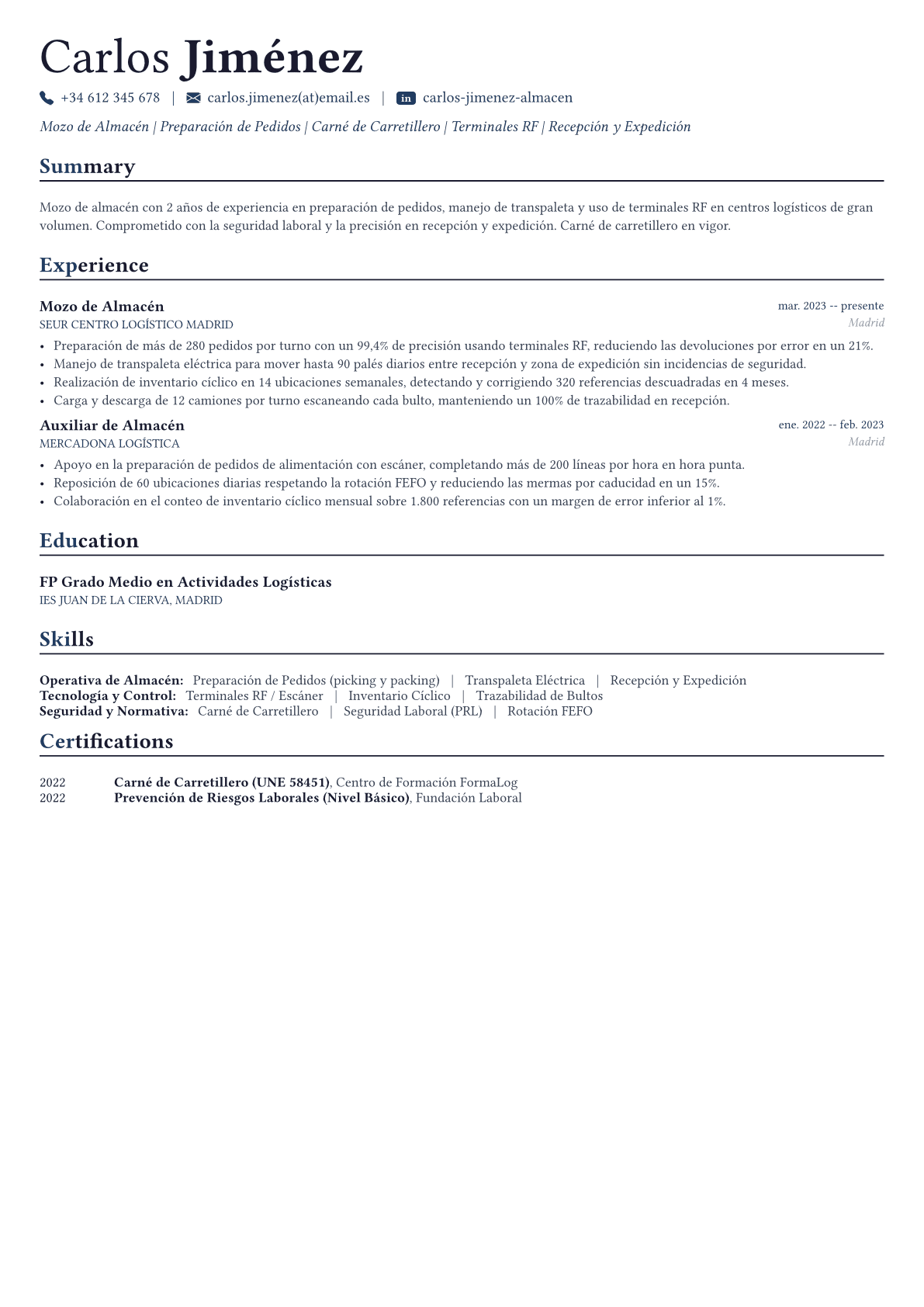 Mozo de Almacén ejemplo de CV