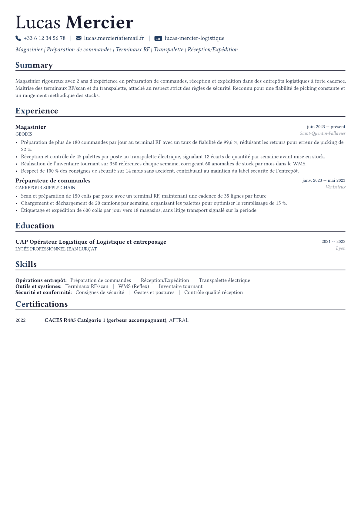 Magasinier exemple de CV