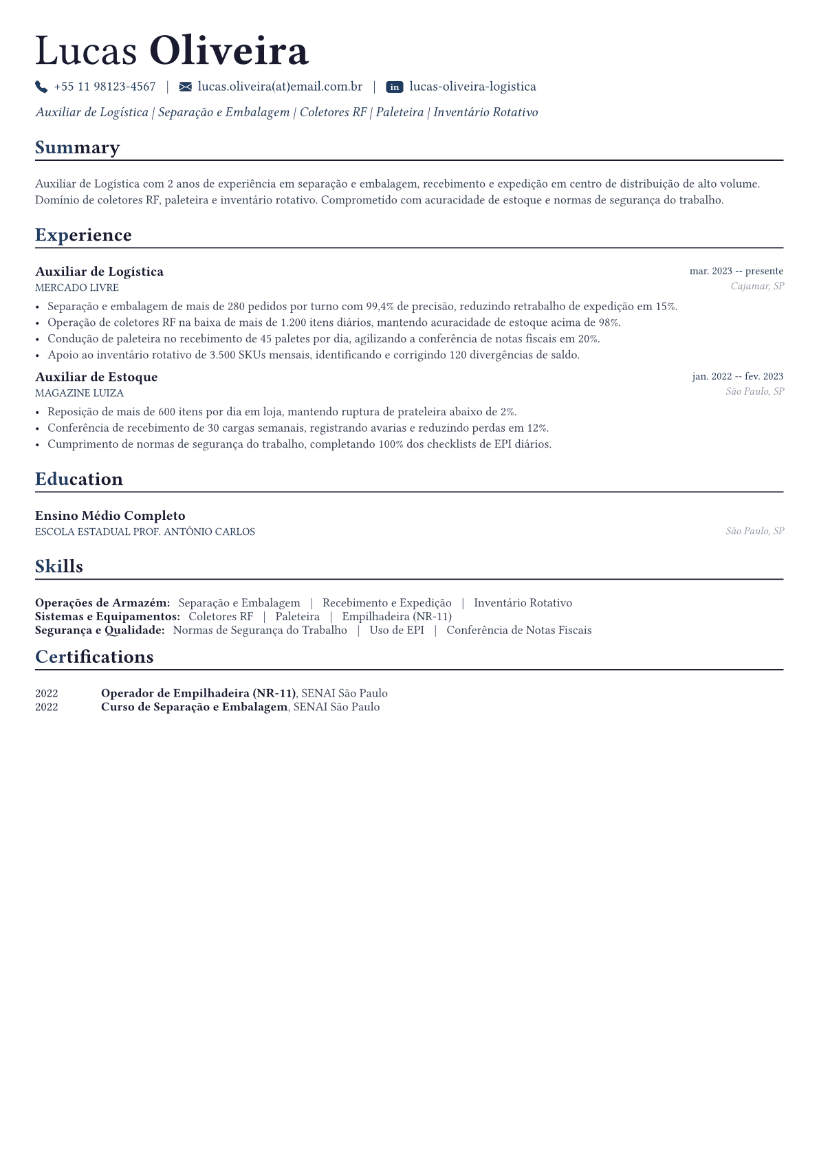 Auxiliar de Logística exemplo de currículo