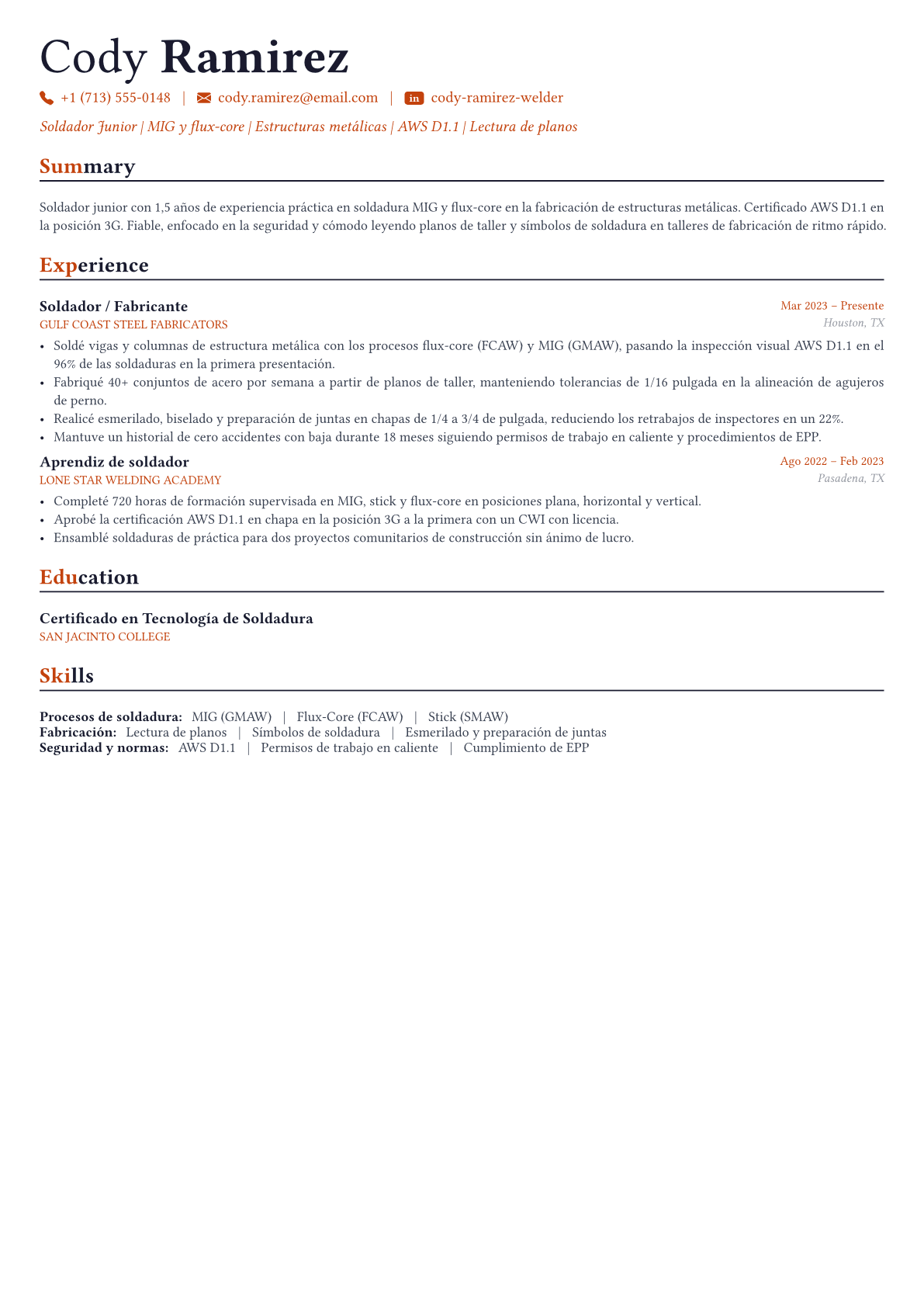 Welder ejemplo de CV