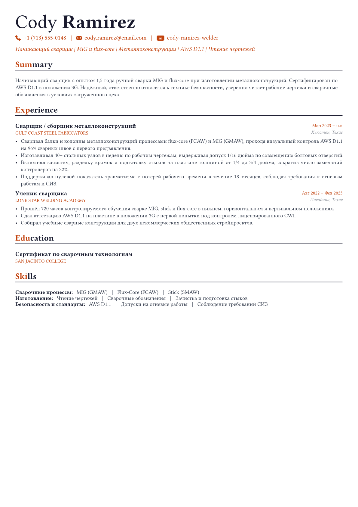 Сварщик пример CV