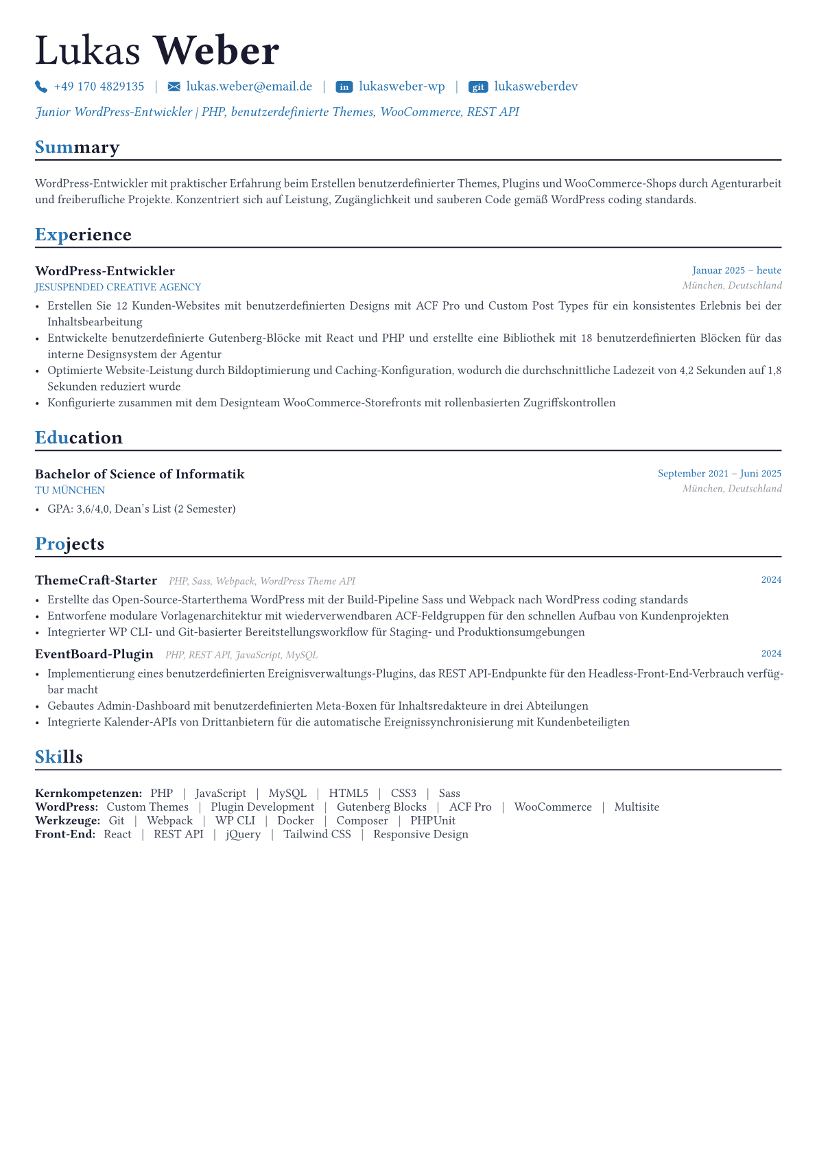 WordPress Developer Lebenslauf-Beispiel