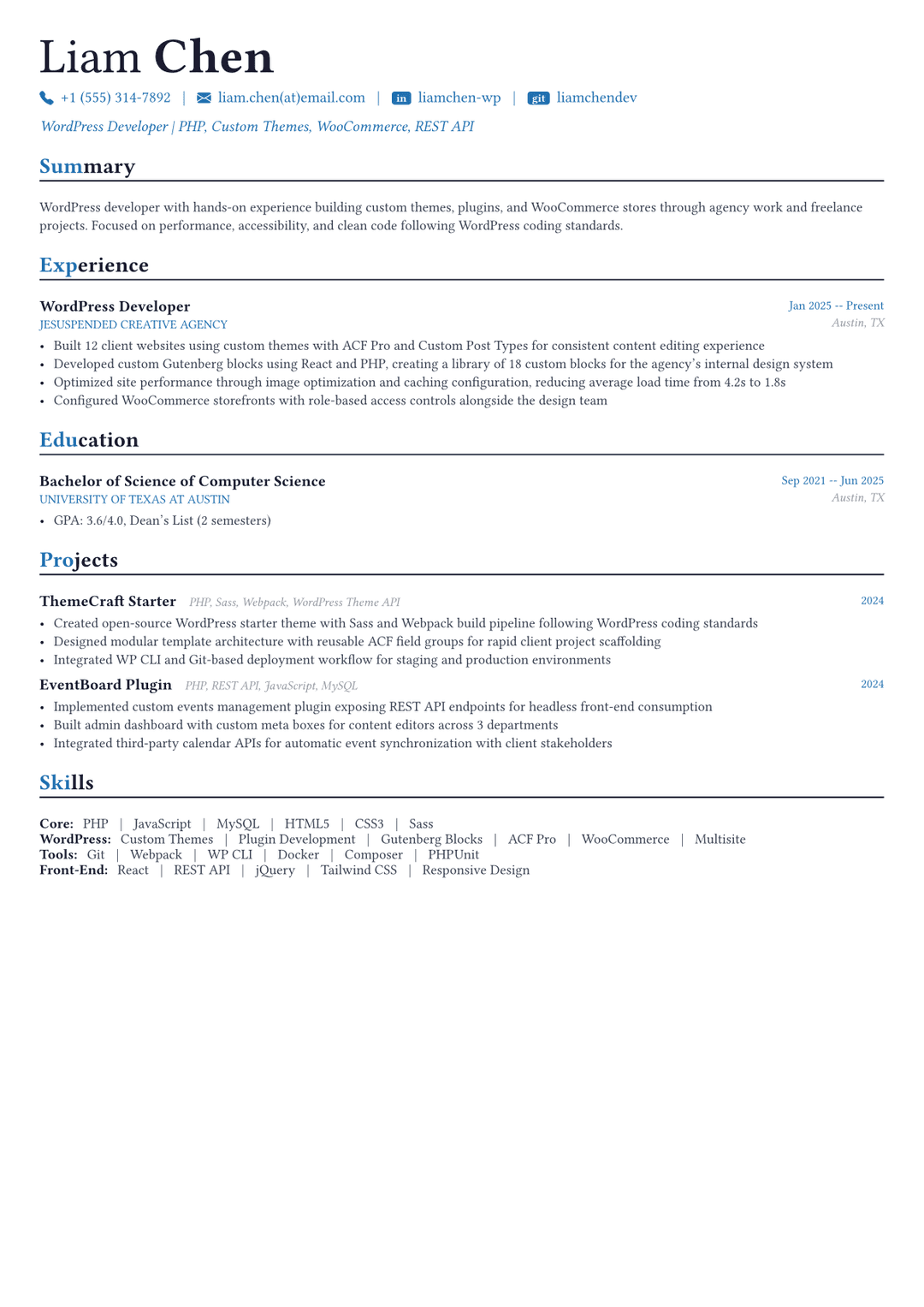 WordPress Developer resume example