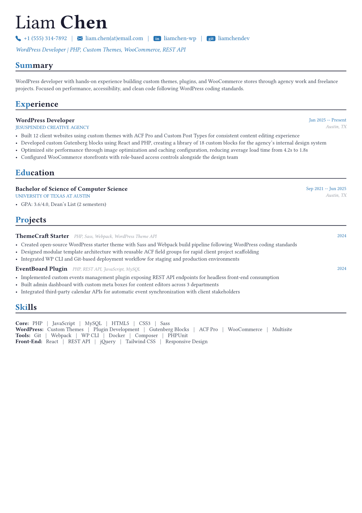 WordPress Developer resume example