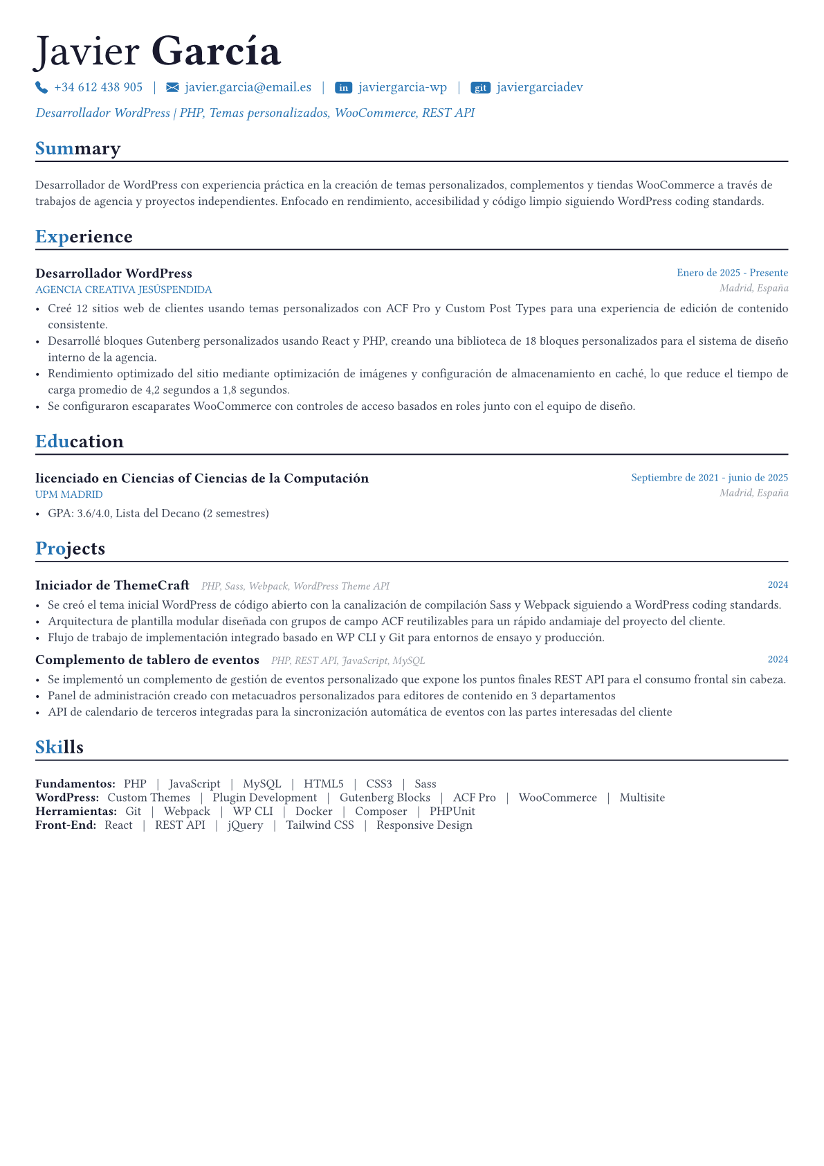 WordPress Developer ejemplo de CV