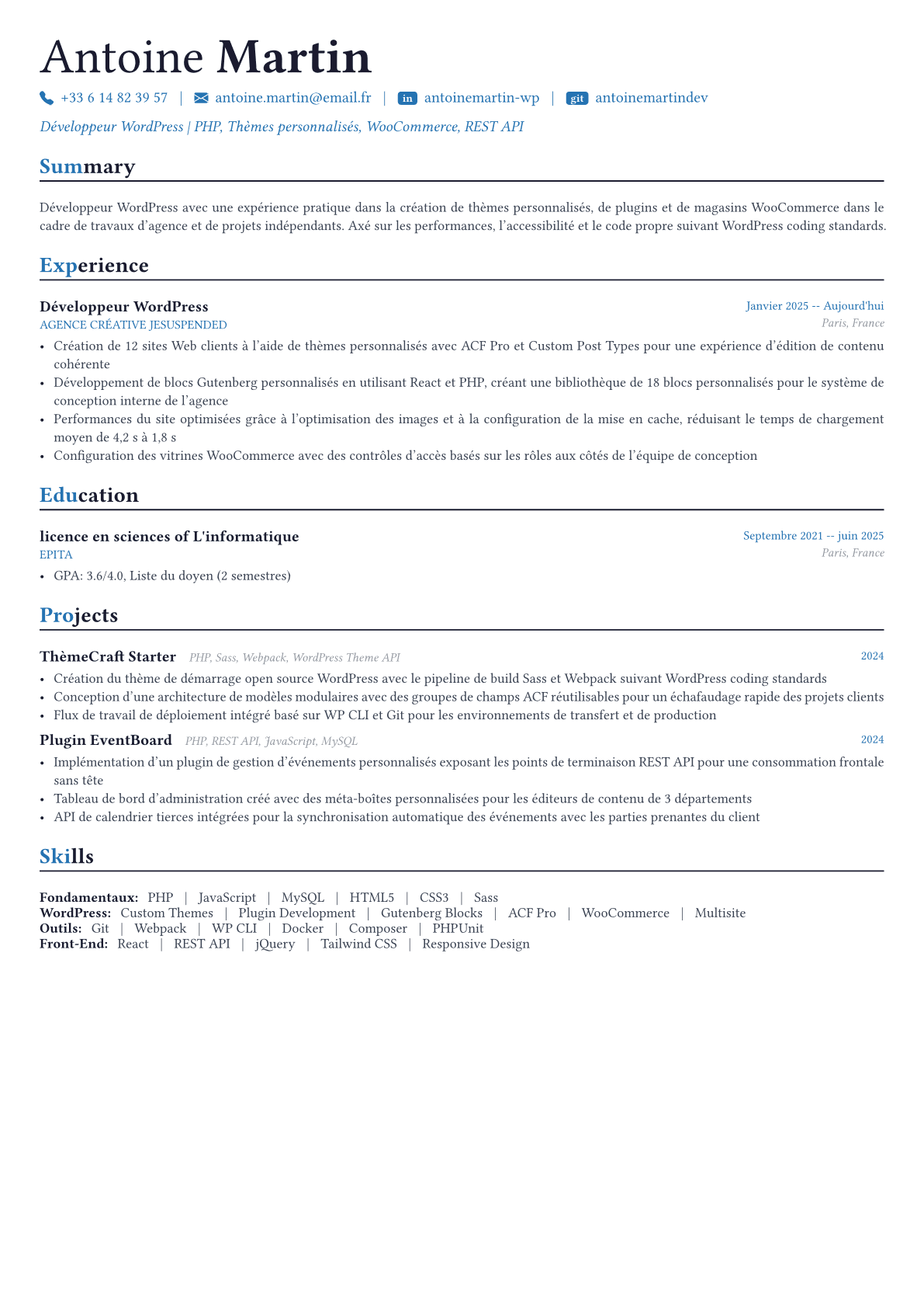 WordPress Developer exemple de CV