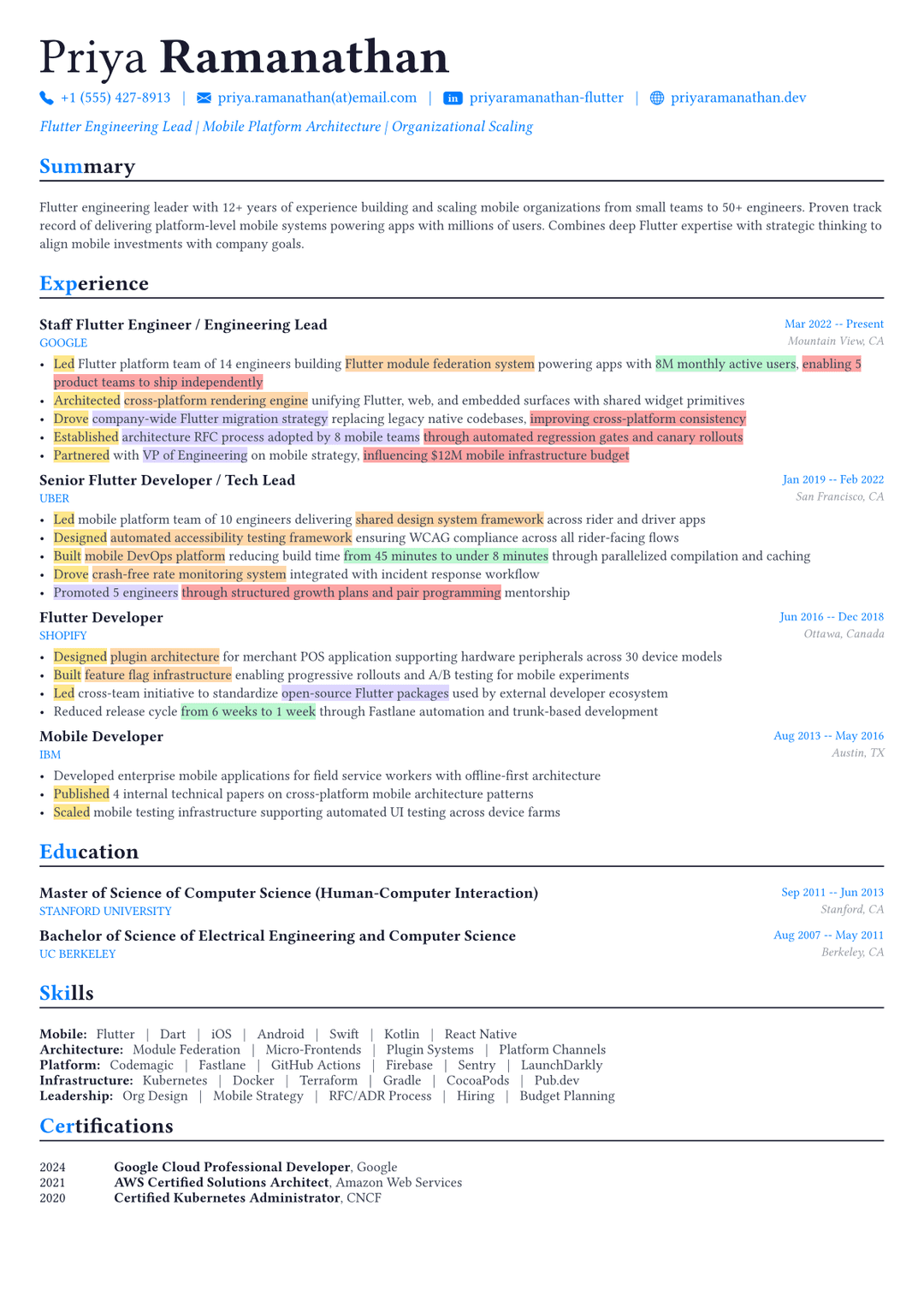 Flutter Developer Resumes Example Flutter Engineering Lead Resume Example | Free Download | Roasted.cv